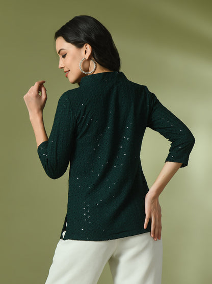 Women's  Green Embellished Cotton Regular Party Tunic