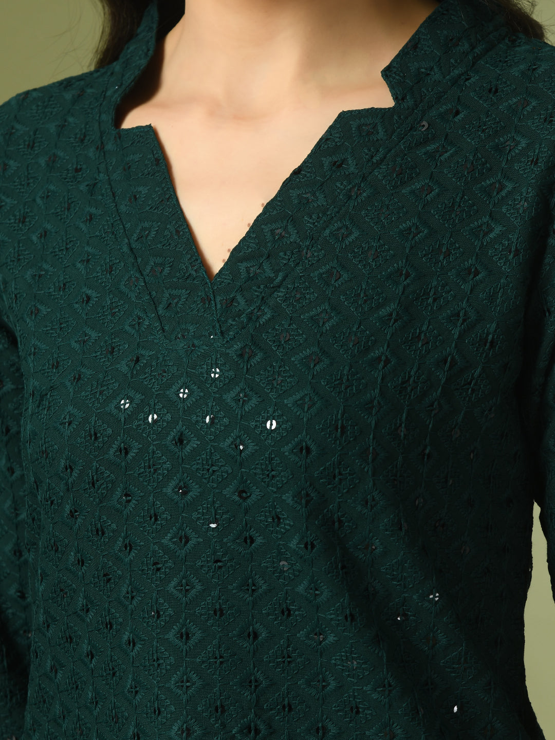 Women's  Green Embellished Cotton Regular Party Tunic