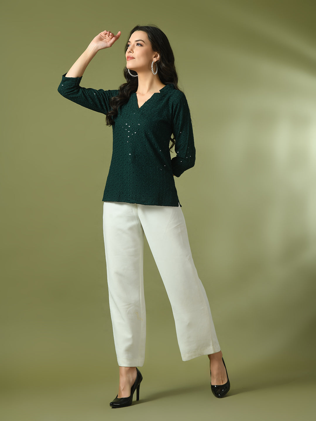 Women's  Green Embellished Cotton Regular Party Tunic