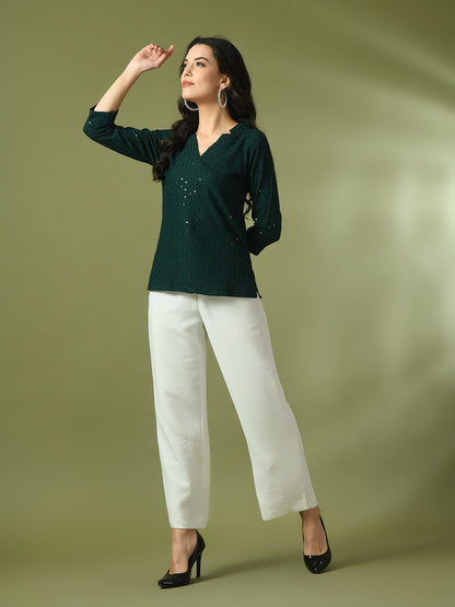 Women's  Green Embellished Cotton Regular Party Tunic