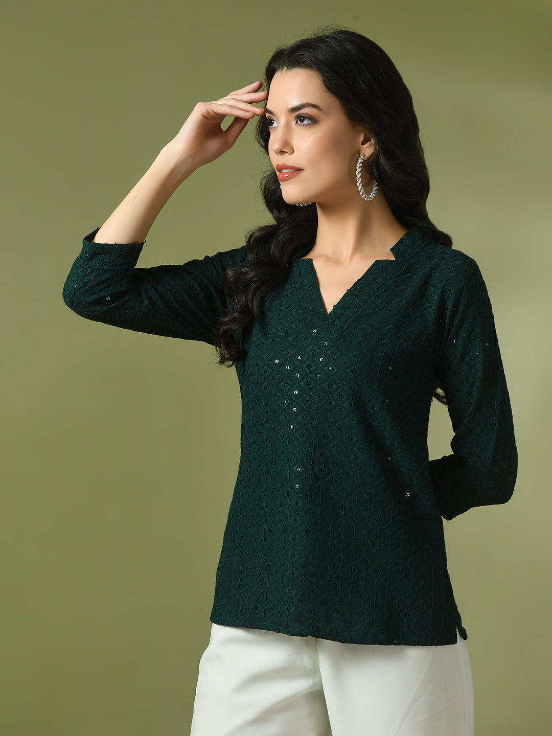 Women's  Green Embellished Cotton Regular Party Tunic