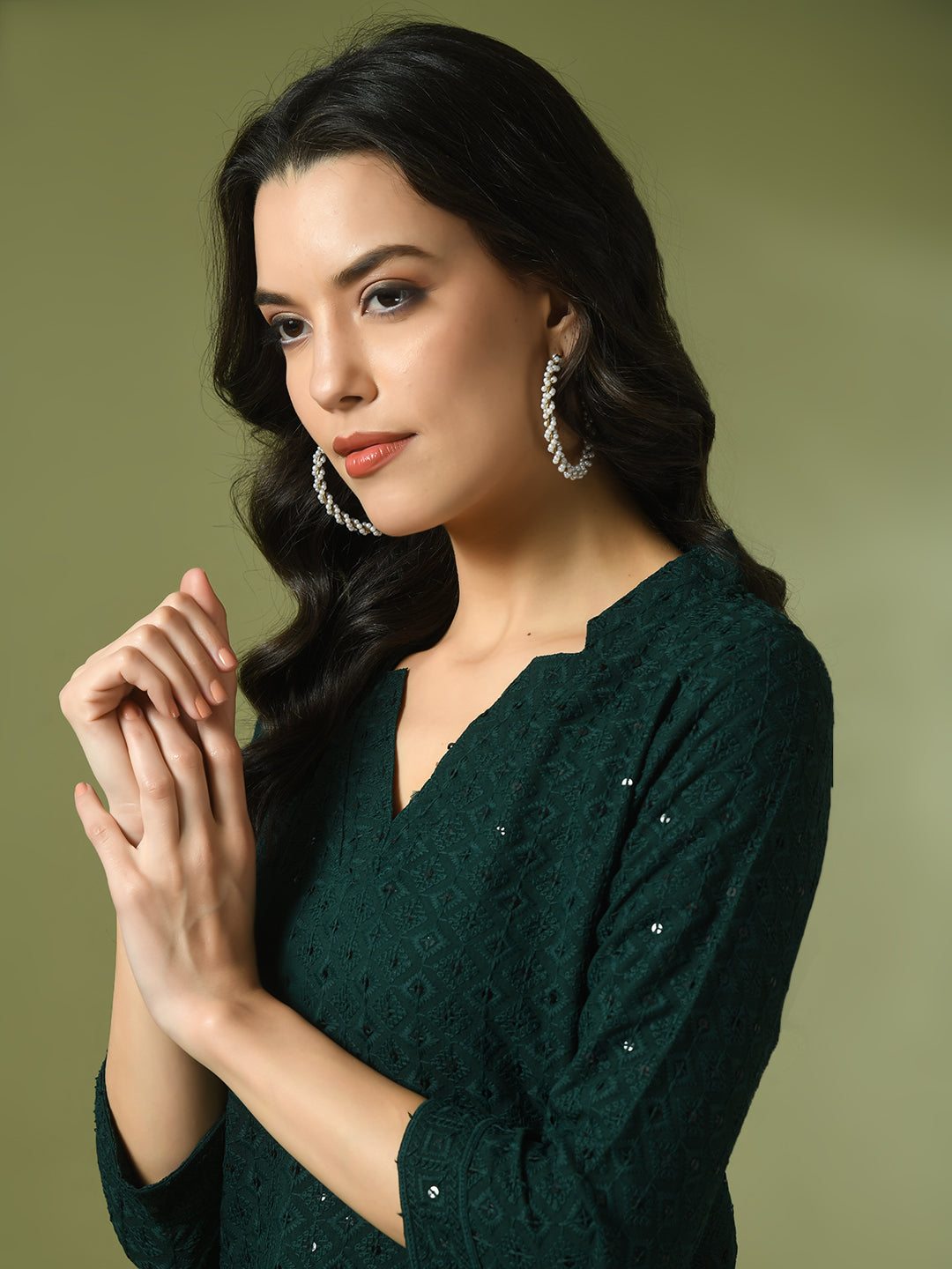 Women's  Green Embellished Cotton Regular Party Tunic