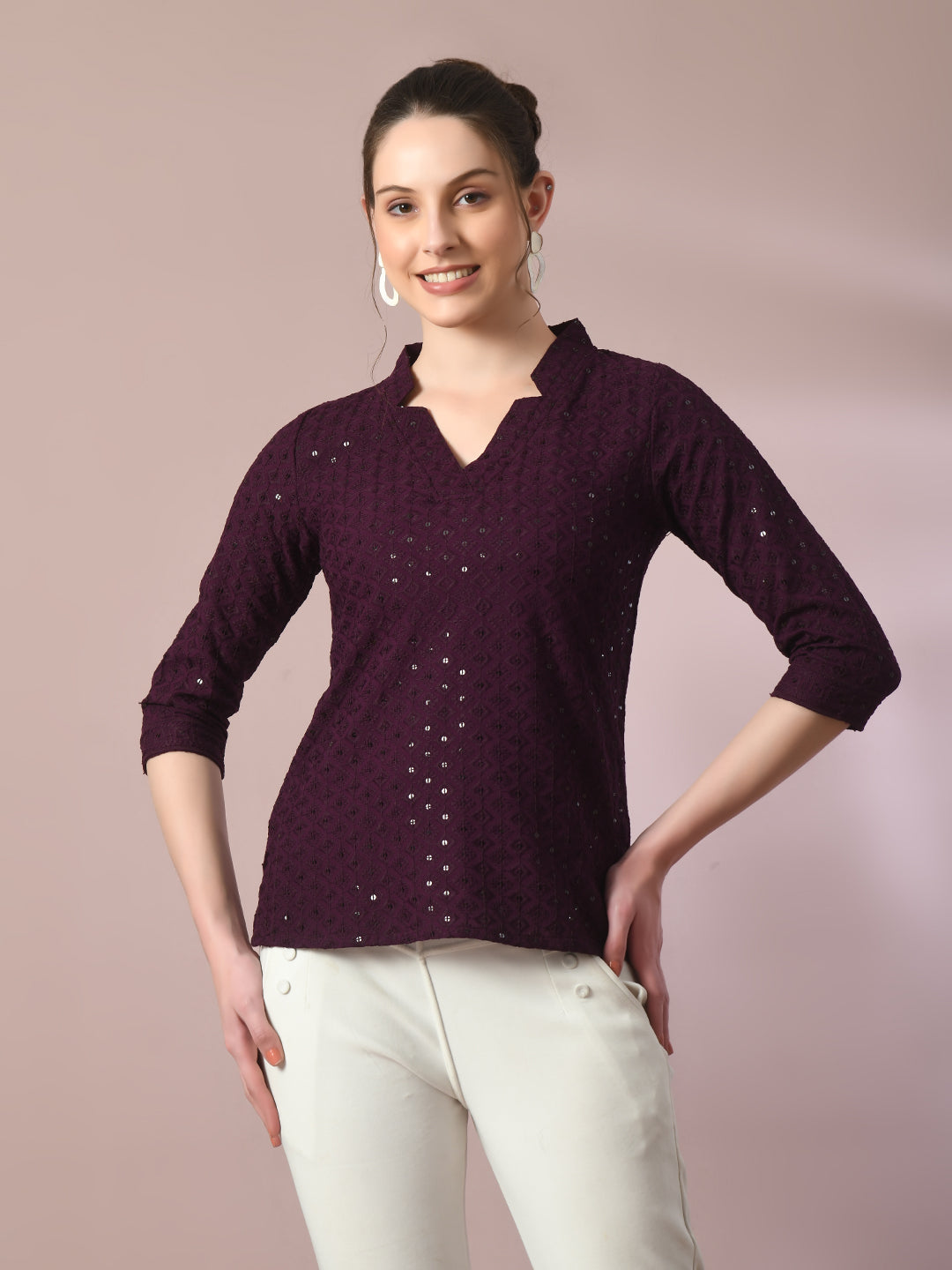 Women's  Violet Embellished Cotton Regular Party Tunic