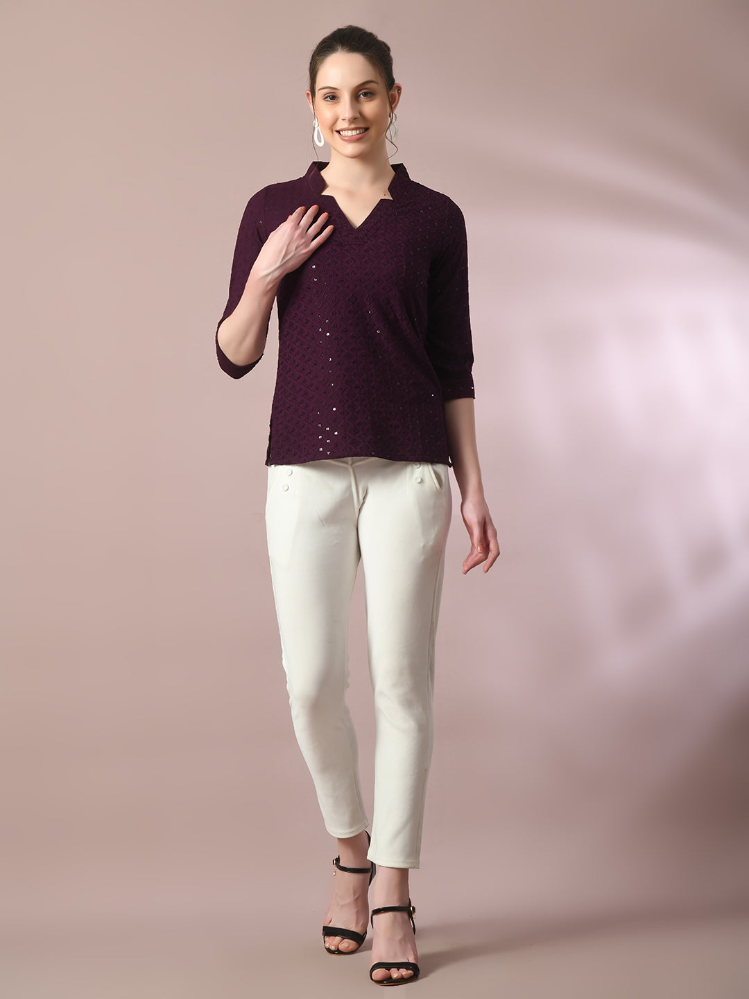 Women's  Violet Embellished Cotton Regular Party Tunic