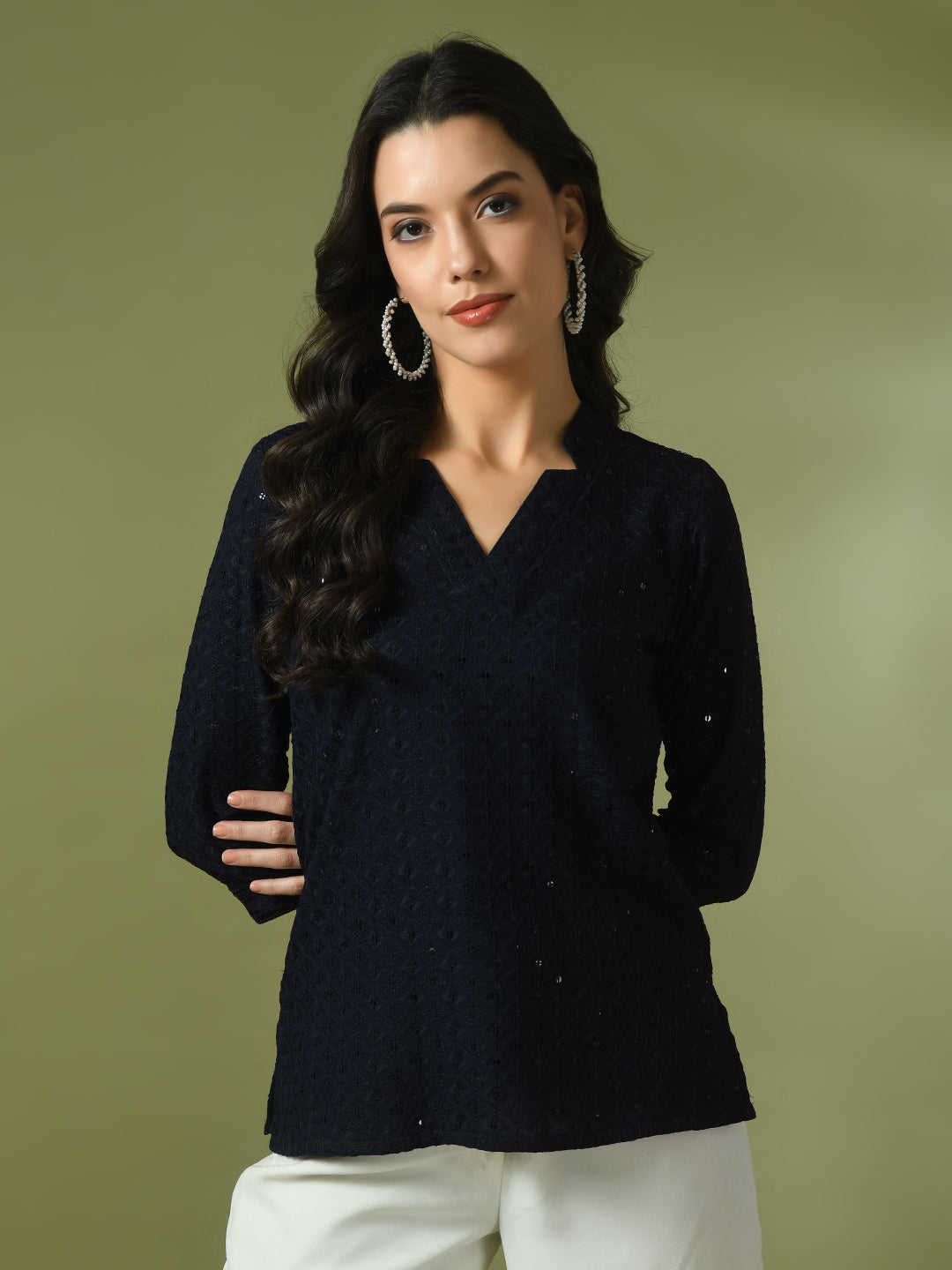 Women's  Navy Blue Embellished Cotton Regular Party Tunic