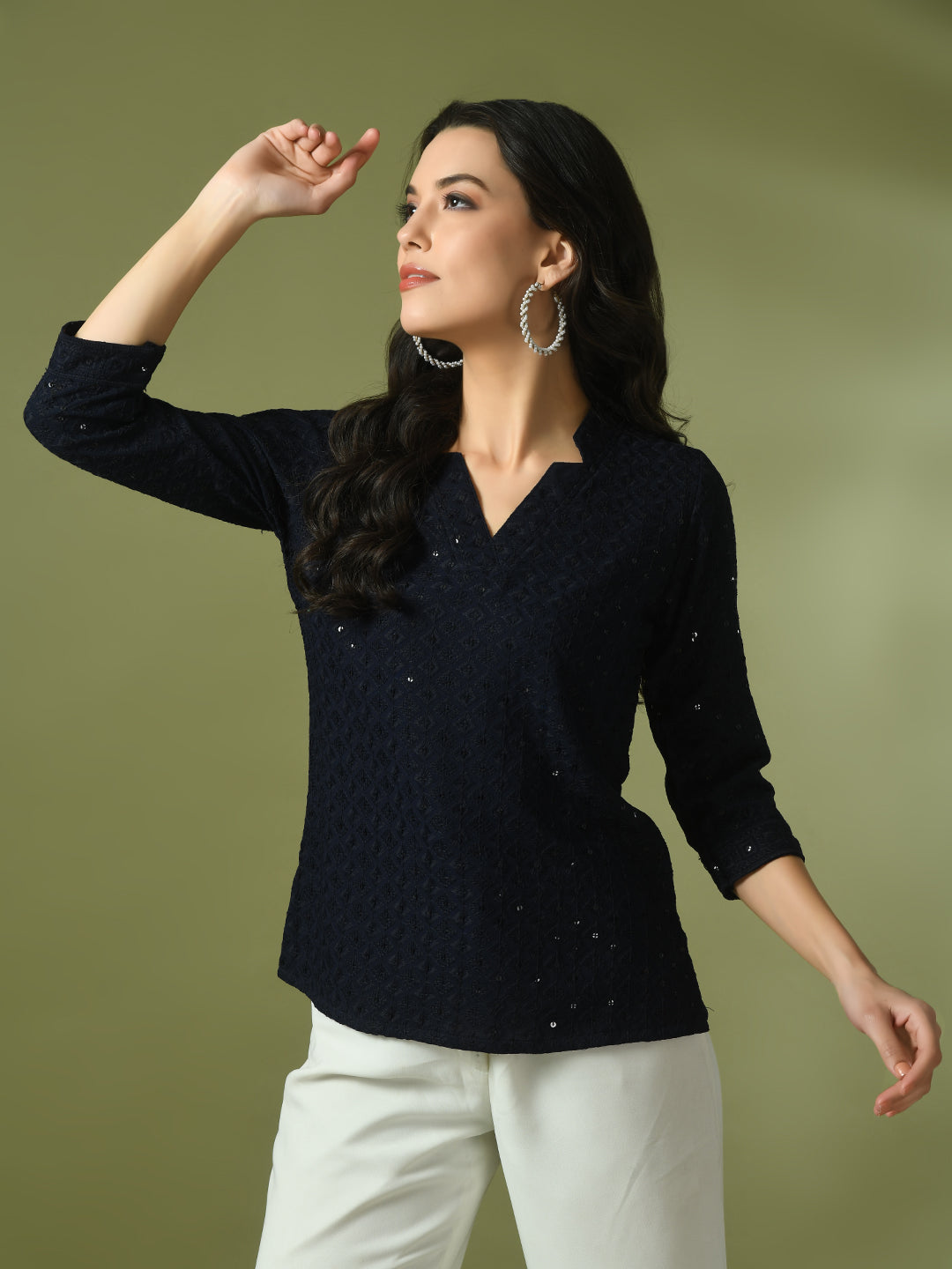 Women's  Navy Blue Embellished Cotton Regular Party Tunic