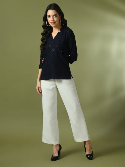 Women's  Navy Blue Embellished Cotton Regular Party Tunic