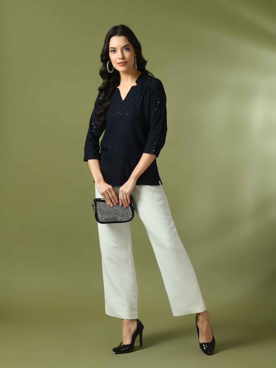 Women's  Navy Blue Embellished Cotton Regular Party Tunic