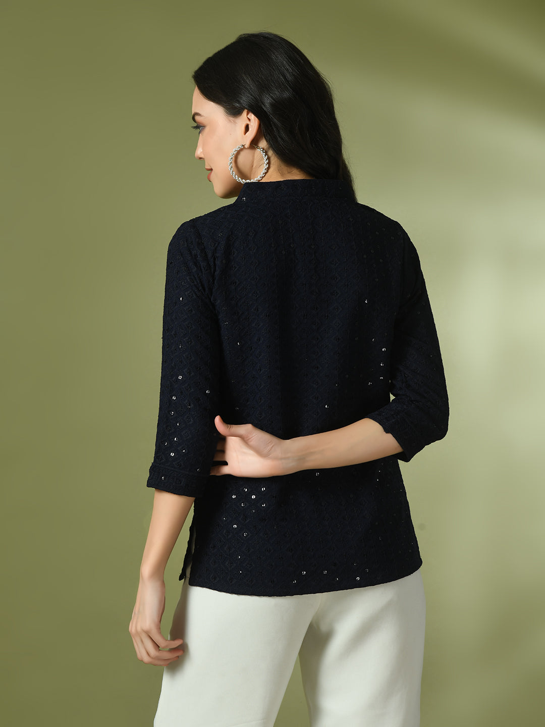 Women's  Navy Blue Embellished Cotton Regular Party Tunic