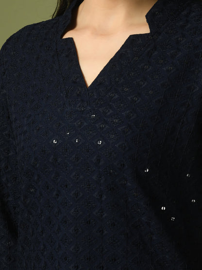 Women's  Navy Blue Embellished Cotton Regular Party Tunic