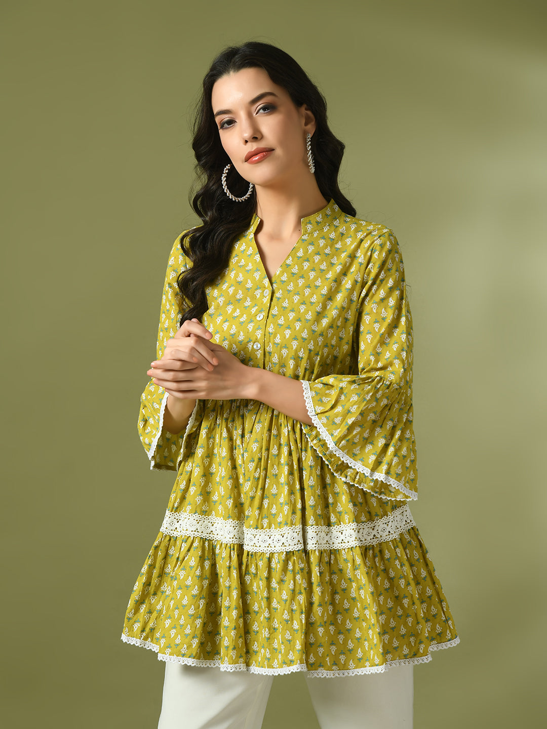Women's  Yellow Embellished Cotton Gathered Party Empire Top