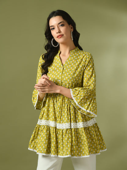Women's  Yellow Embellished Cotton Gathered Party Empire Top