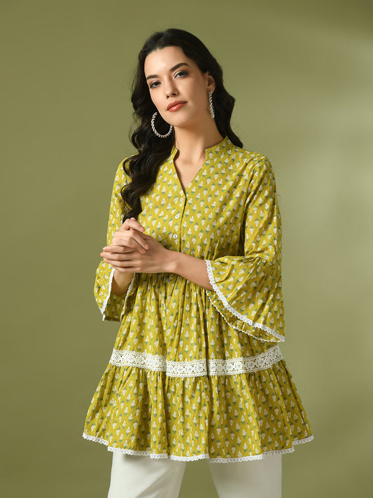 Women's  Yellow Embellished Cotton Gathered Party Empire Top