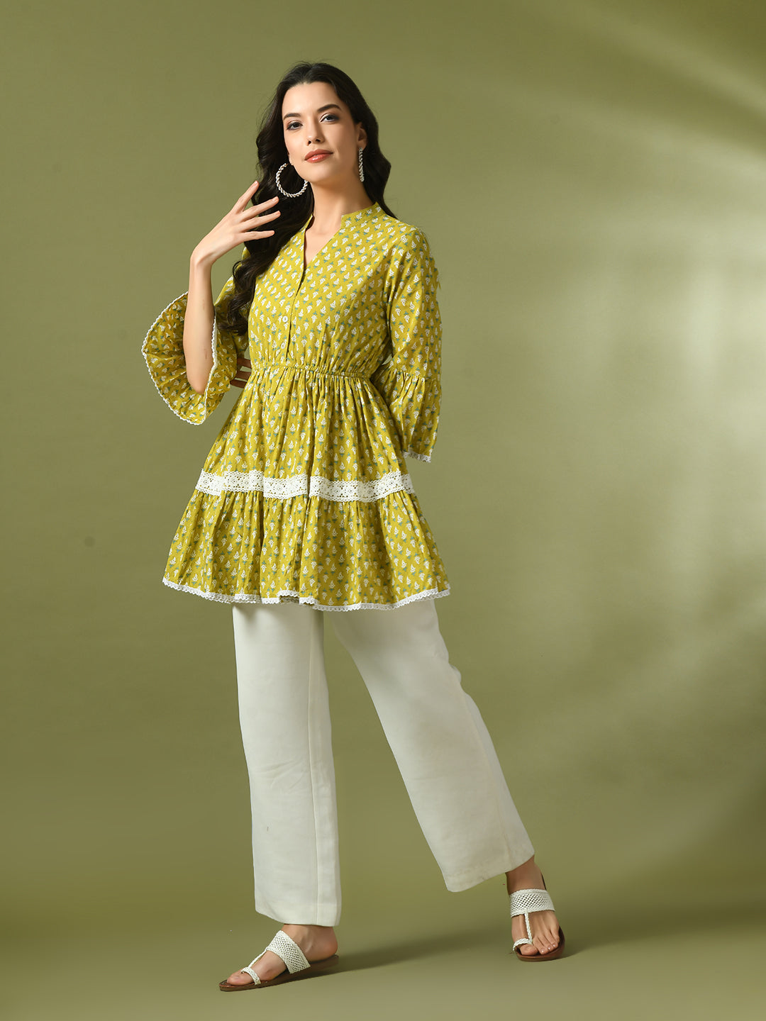 Women's  Yellow Embellished Cotton Gathered Party Empire Top