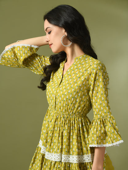 Women's  Yellow Embellished Cotton Gathered Party Empire Top
