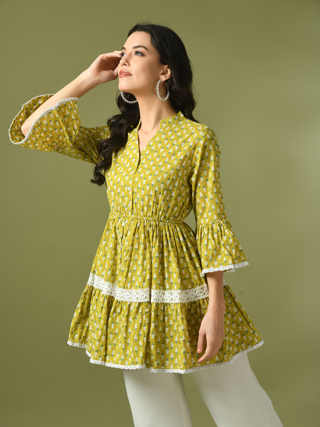 Women's  Yellow Embellished Cotton Gathered Party Empire Top