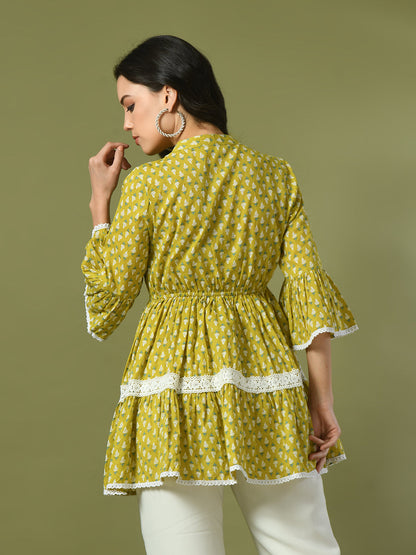 Women's  Yellow Embellished Cotton Gathered Party Empire Top