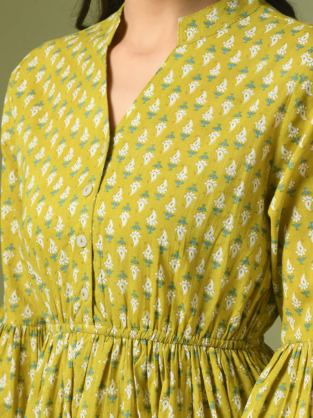 Women's  Yellow Embellished Cotton Gathered Party Empire Top