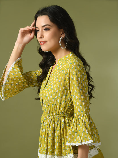 Women's  Yellow Embellished Cotton Gathered Party Empire Top
