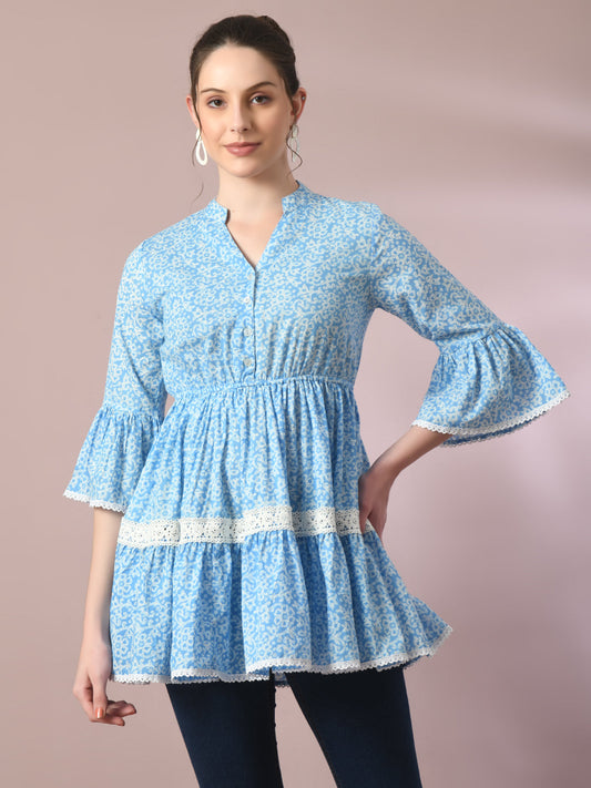 Women's  Blue Embellished Cotton Gathered Party Empire Top