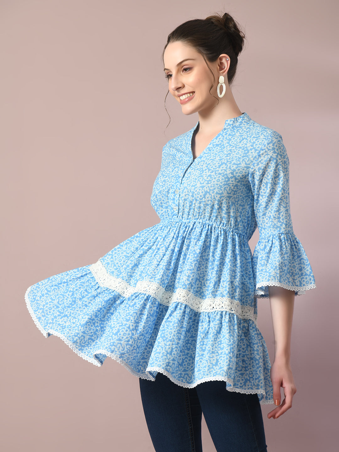 Women's  Blue Embellished Cotton Gathered Party Empire Top