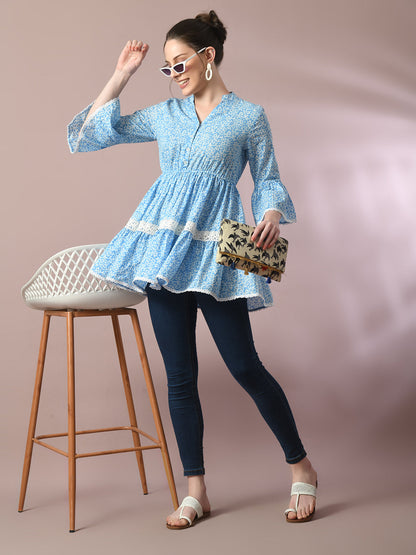 Women's  Blue Embellished Cotton Gathered Party Empire Top