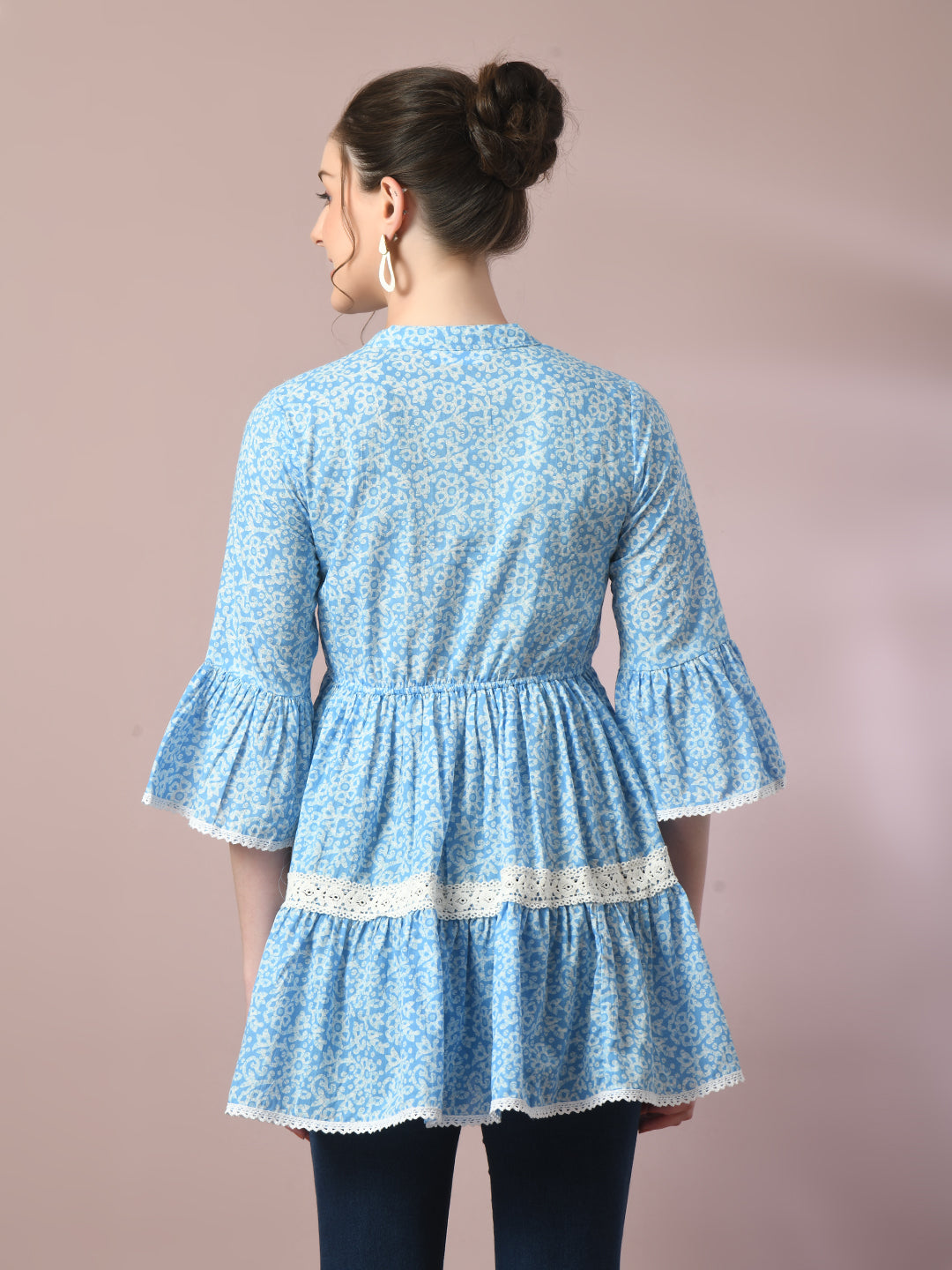 Women's  Blue Embellished Cotton Gathered Party Empire Top