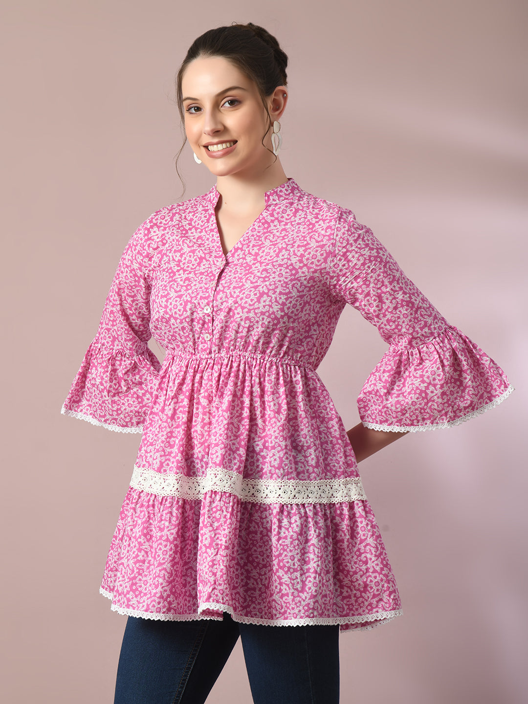 Women's  Pink Embellished Cotton Gathered Party Empire Top