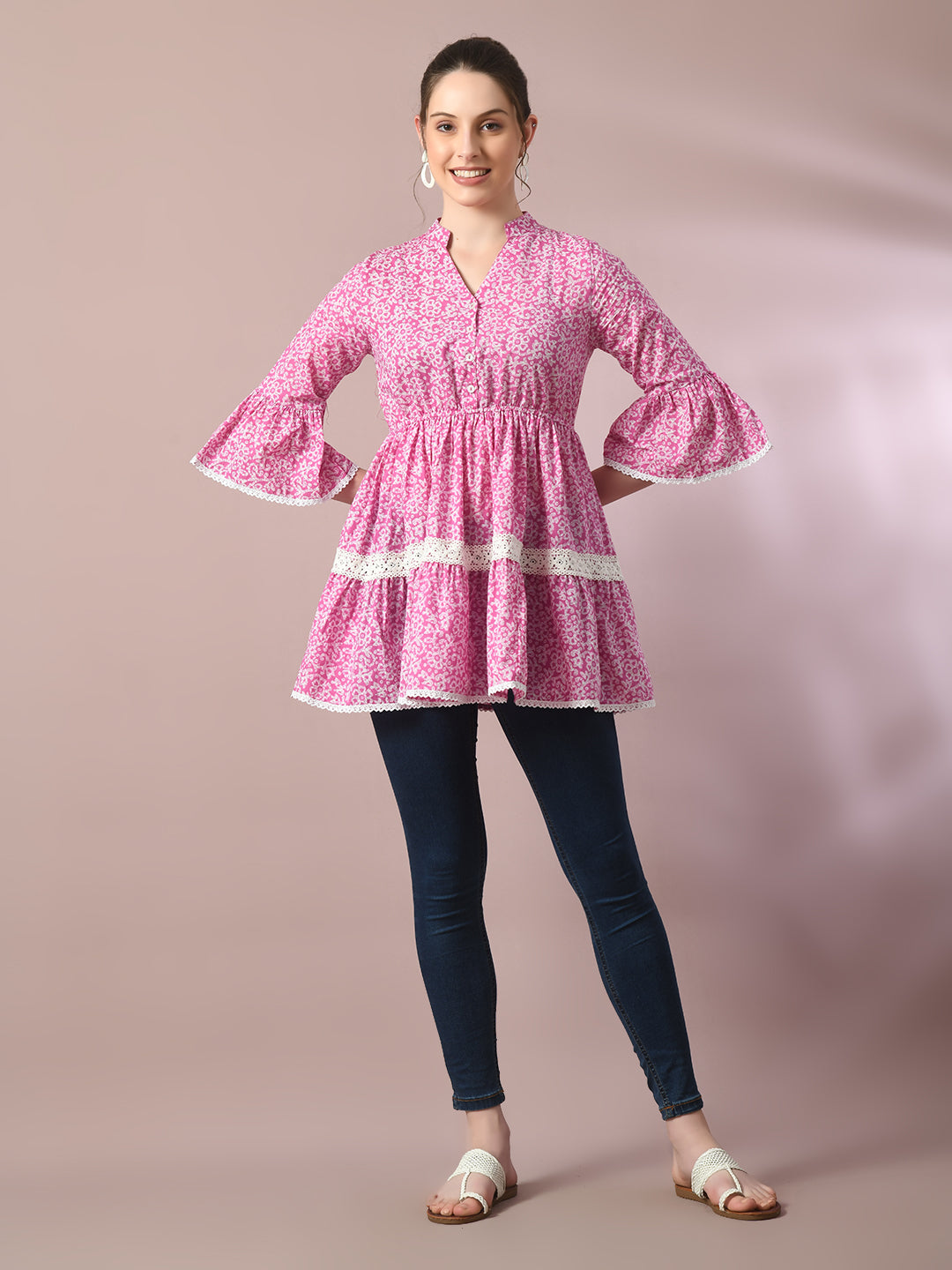 Women's  Pink Embellished Cotton Gathered Party Empire Top