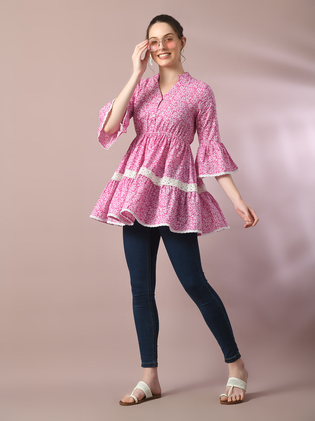 Women's  Pink Embellished Cotton Gathered Party Empire Top