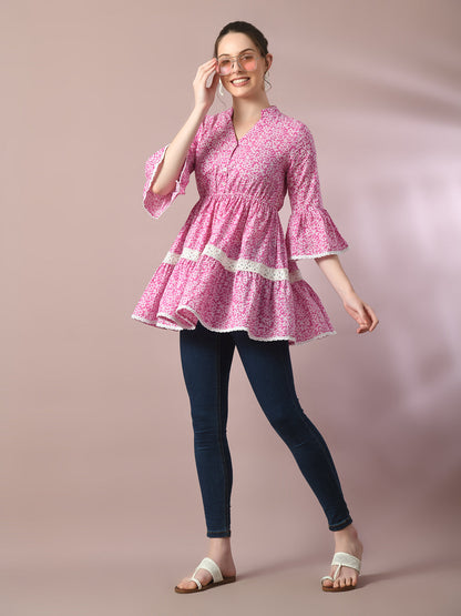 Women's  Pink Embellished Cotton Gathered Party Empire Top