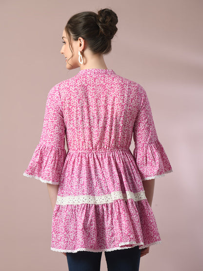 Women's  Pink Embellished Cotton Gathered Party Empire Top