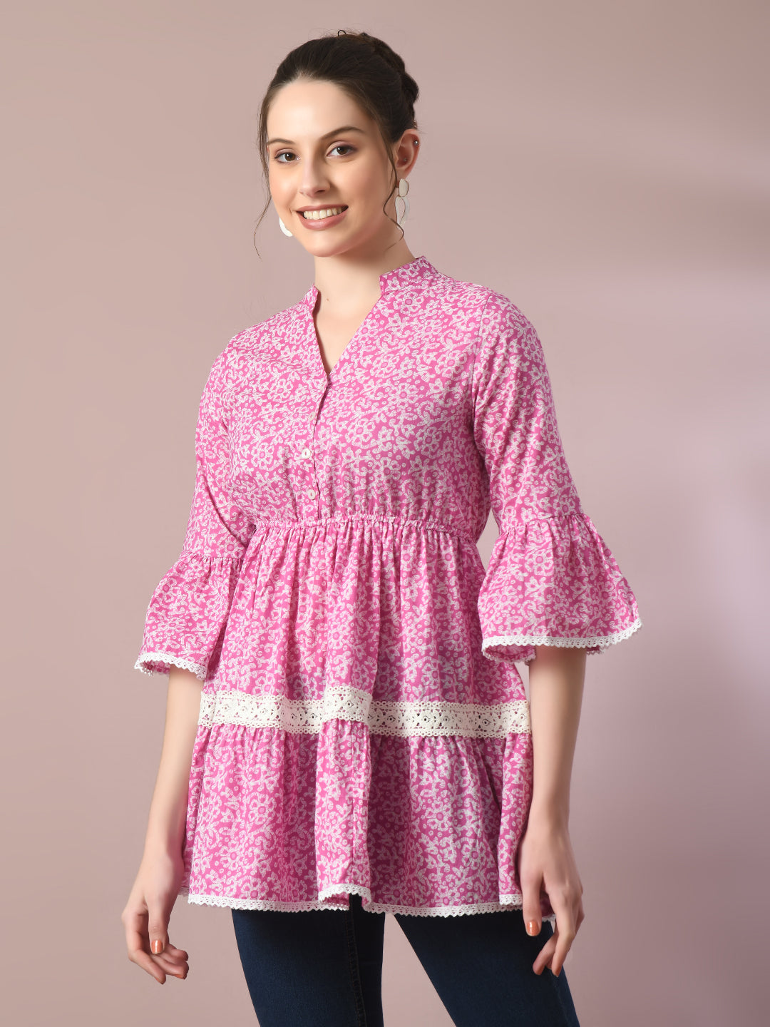Women's  Pink Embellished Cotton Gathered Party Empire Top
