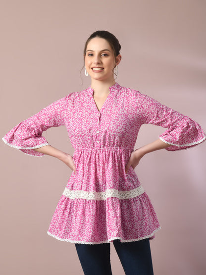 Women's  Pink Embellished Cotton Gathered Party Empire Top