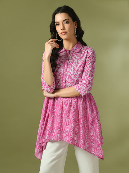 Women's  Pink Embellished Cotton Gathered Party Empire Top