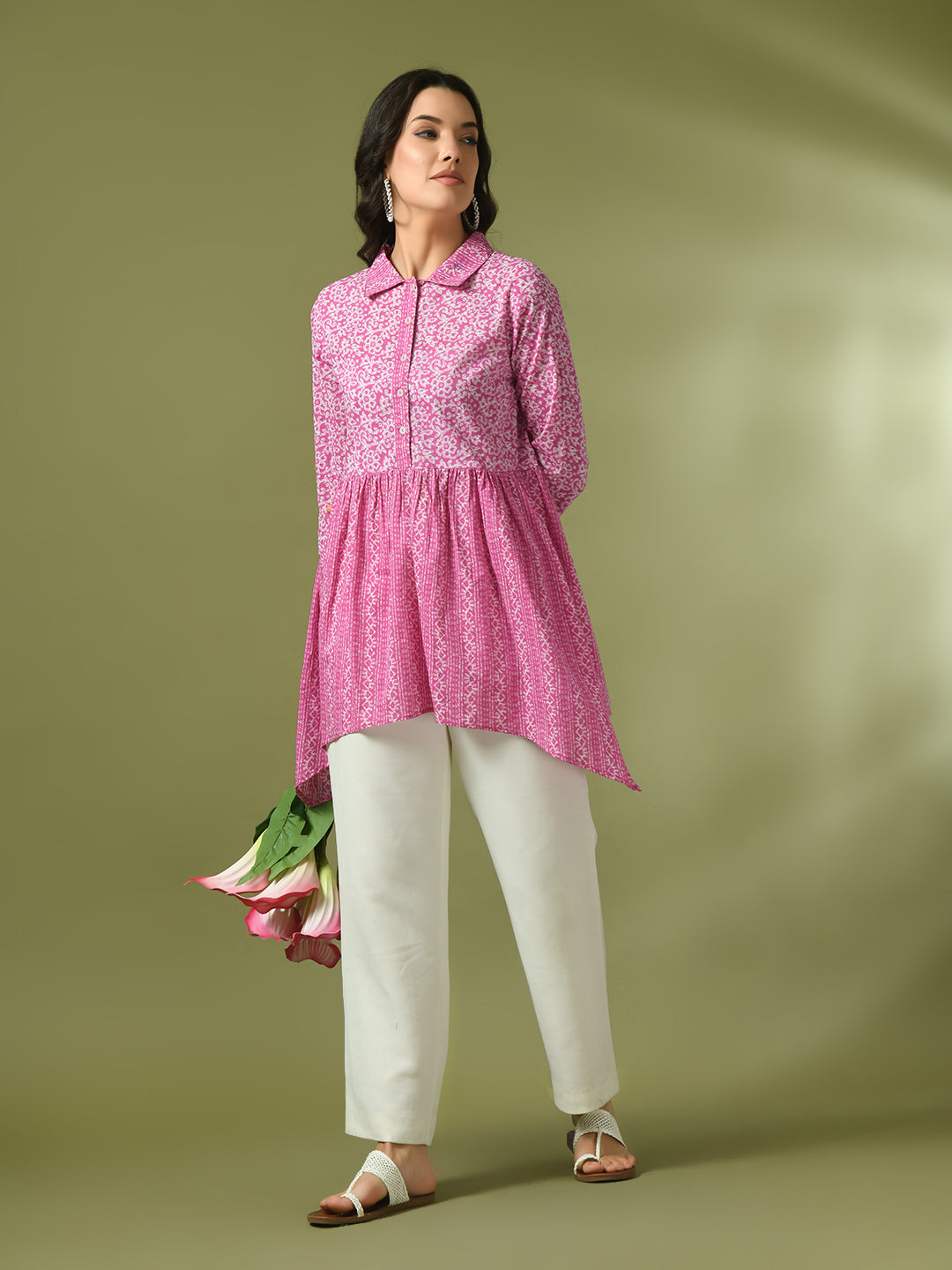 Women's  Pink Embellished Cotton Gathered Party Empire Top