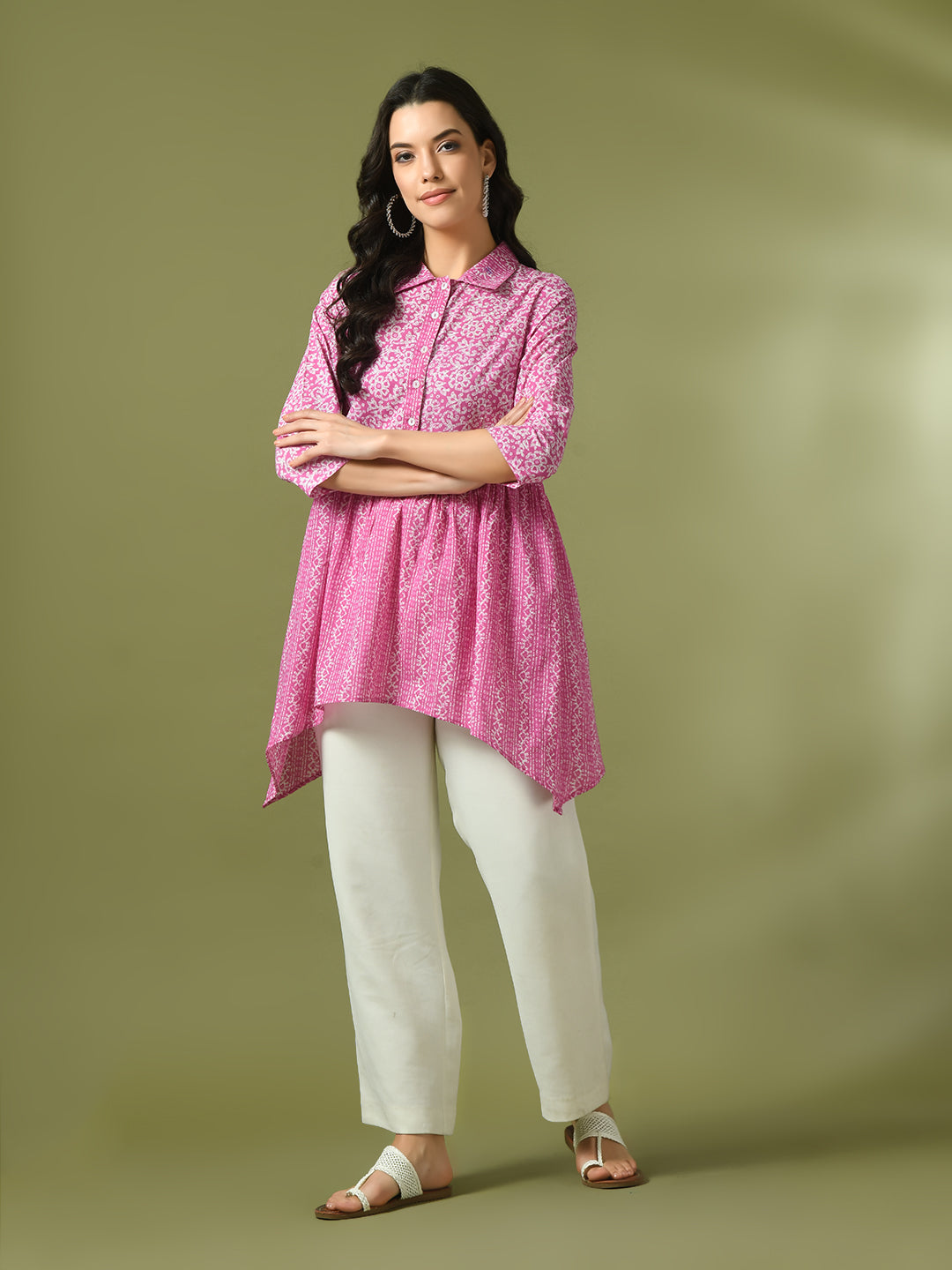 Women's  Pink Embellished Cotton Gathered Party Empire Top
