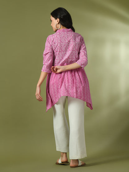 Women's  Pink Embellished Cotton Gathered Party Empire Top