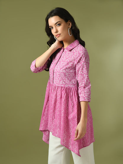 Women's  Pink Embellished Cotton Gathered Party Empire Top