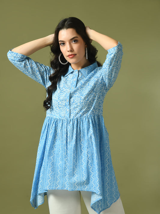 Women's  Blue Embellished Cotton Gathered Party Empire Top