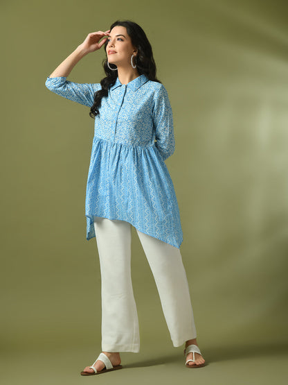Women's  Blue Embellished Cotton Gathered Party Empire Top