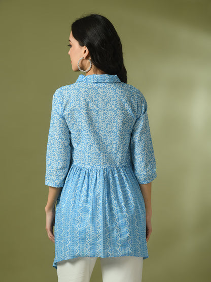 Women's  Blue Embellished Cotton Gathered Party Empire Top