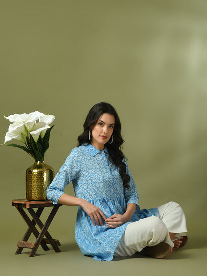 Women's  Blue Embellished Cotton Gathered Party Empire Top