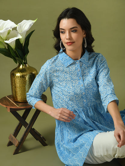 Women's  Blue Embellished Cotton Gathered Party Empire Top