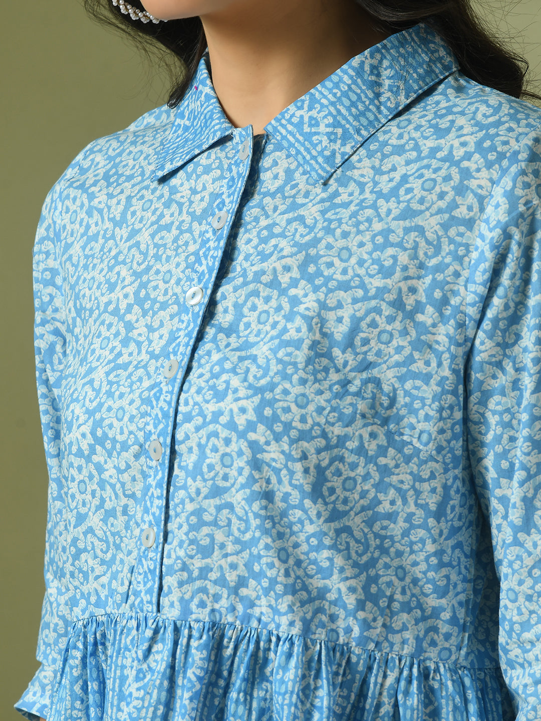 Women's  Blue Embellished Cotton Gathered Party Empire Top