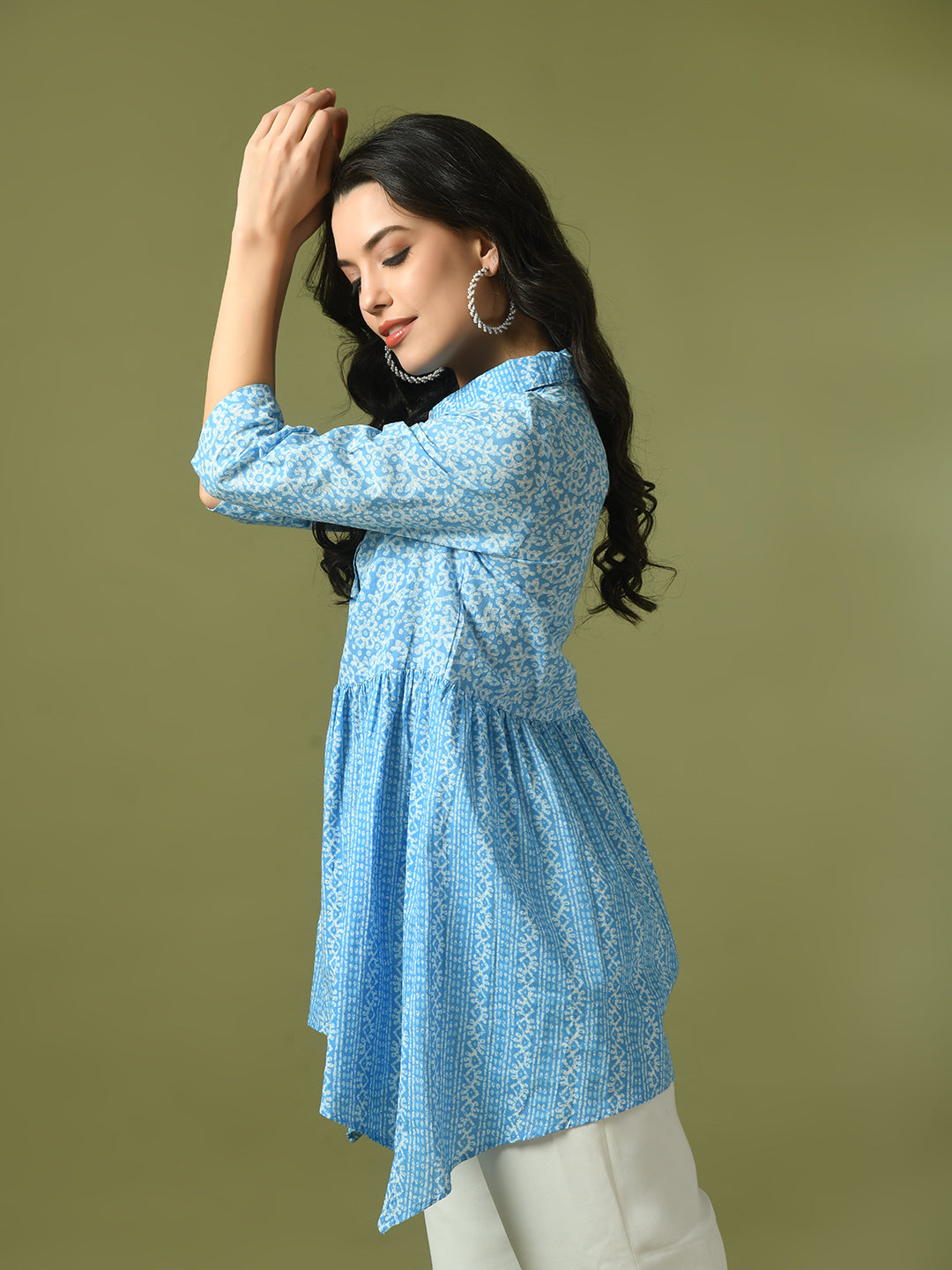 Women's  Blue Embellished Cotton Gathered Party Empire Top