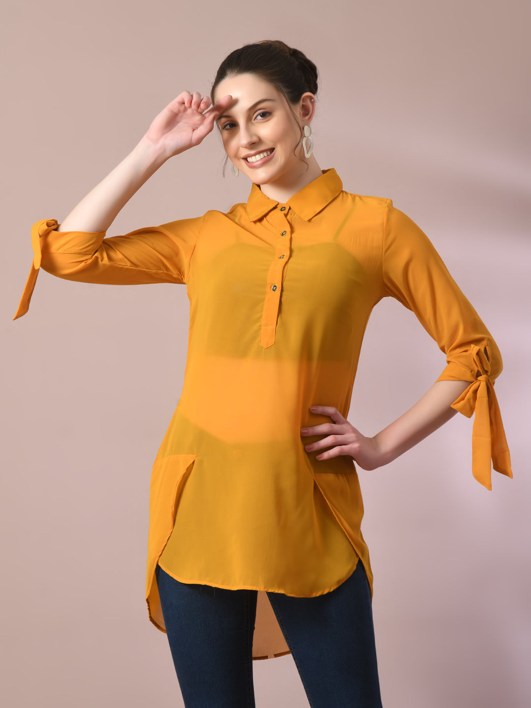 Women's  Yellow Solid Georgette Longline Party Sheer Tunic