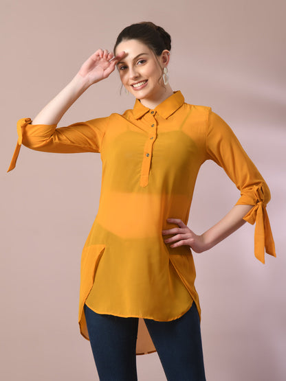 Women's  Yellow Solid Georgette Longline Party Sheer Tunic
