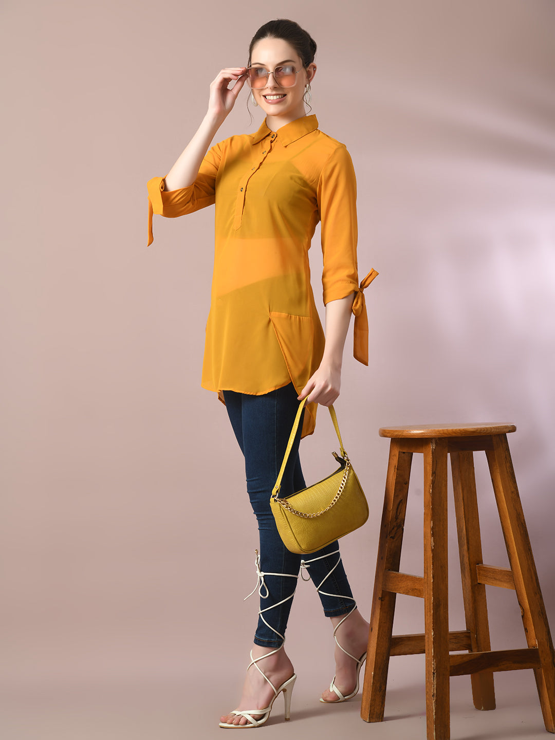 Women's  Yellow Solid Georgette Longline Party Sheer Tunic