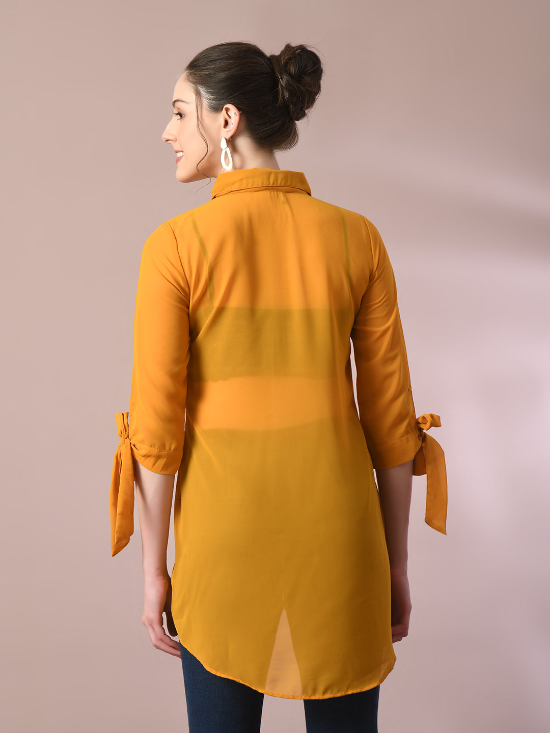 Women's  Yellow Solid Georgette Longline Party Sheer Tunic